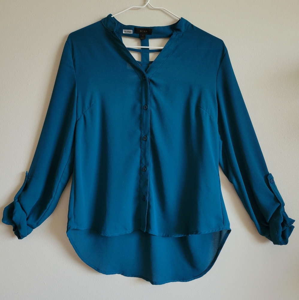 Mine Teal Back Cutout Button Up Blouse